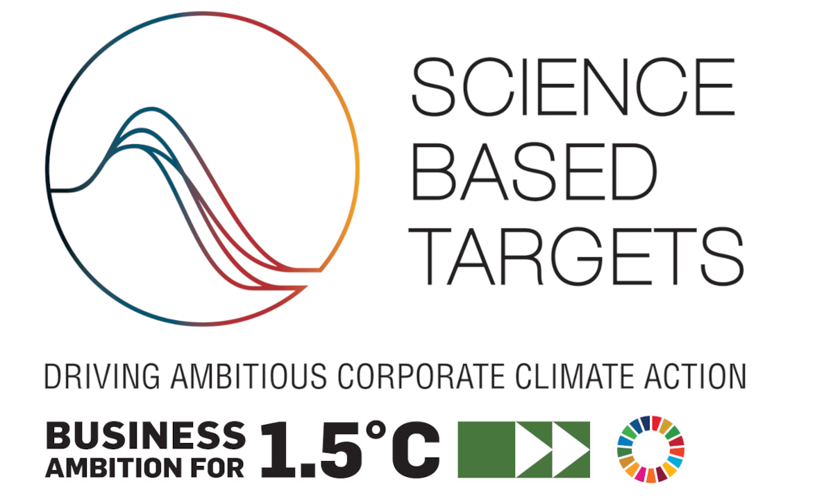 Science Based Targets-Logo mit dem Slogan 'Driving Ambitious Corporate Climate Action' und 'Business Ambition for 1.5°C', das Klimaziele betont.