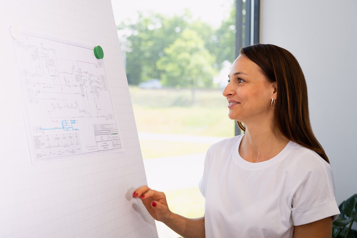 Syntegon expert reviewing a technical process flow diagram for pharmaceutical sterilization and process optimization.