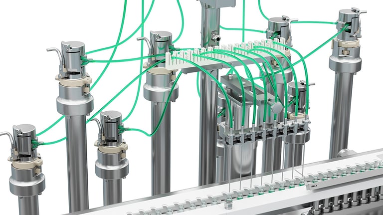 Peristaltic pump system with multiple filling nozzles and single-use tubing, integrated into a pharmaceutical filling machine for precise and sterile liquid dosing.