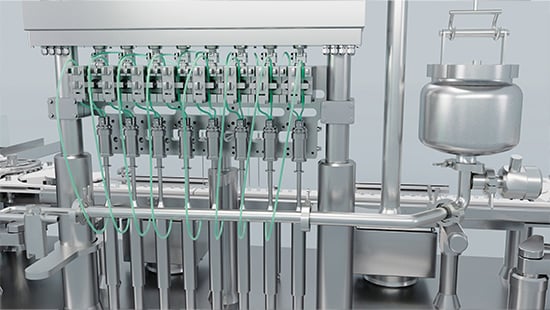Rolling diaphragm pump system with stainless steel components and precision dosing heads, integrated into a pharmaceutical filling machine for aseptic liquid filling applications.