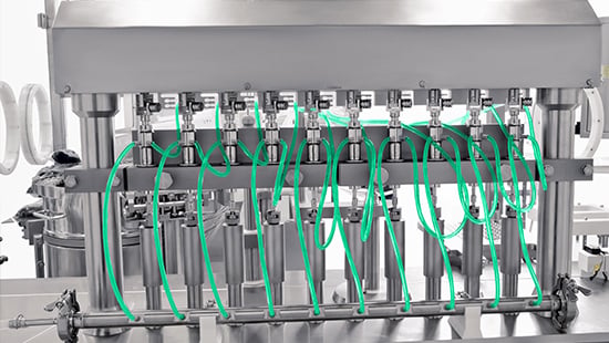 Rotary valve piston pump system with multiple filling stations and green tubing, integrated into a pharmaceutical filling machine for high-precision liquid filling.