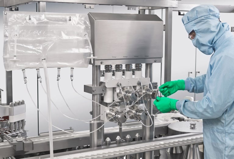 Single-use pharmaceutical filling machine setup with flexible tubing and stainless steel components, designed for aseptic drug filling in sterile production environments.