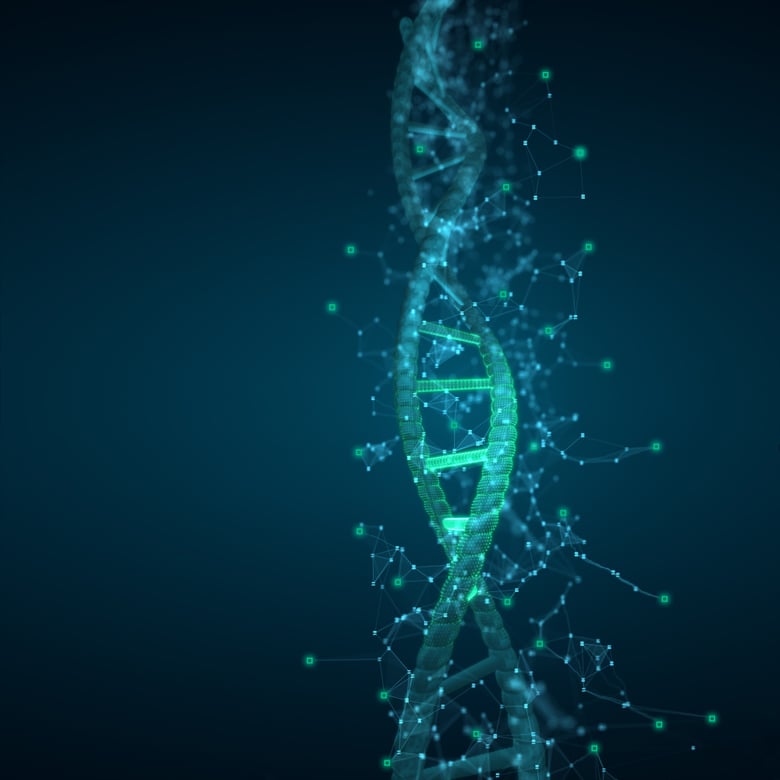 3D rendering of a DNA double helix on a dark background.