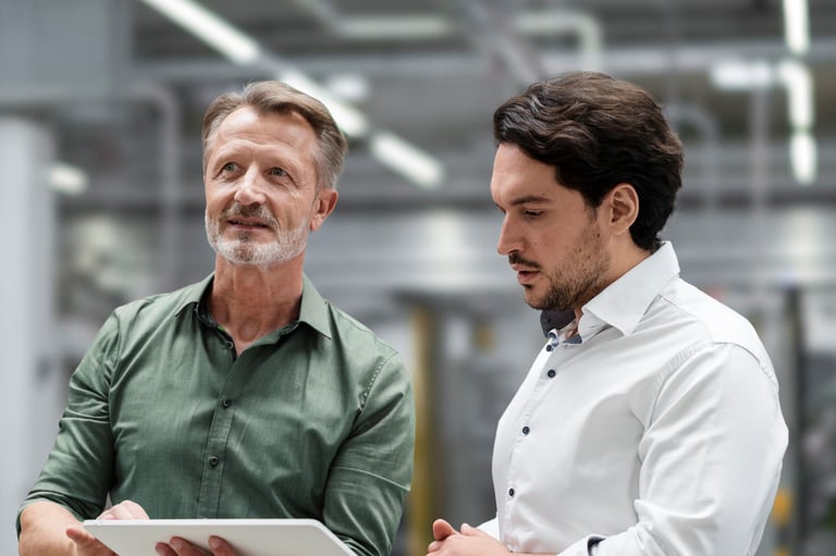 Two engineers discussing in a production environment, symbolizing consulting, retrofits and data services for future‑ready formulation lines.